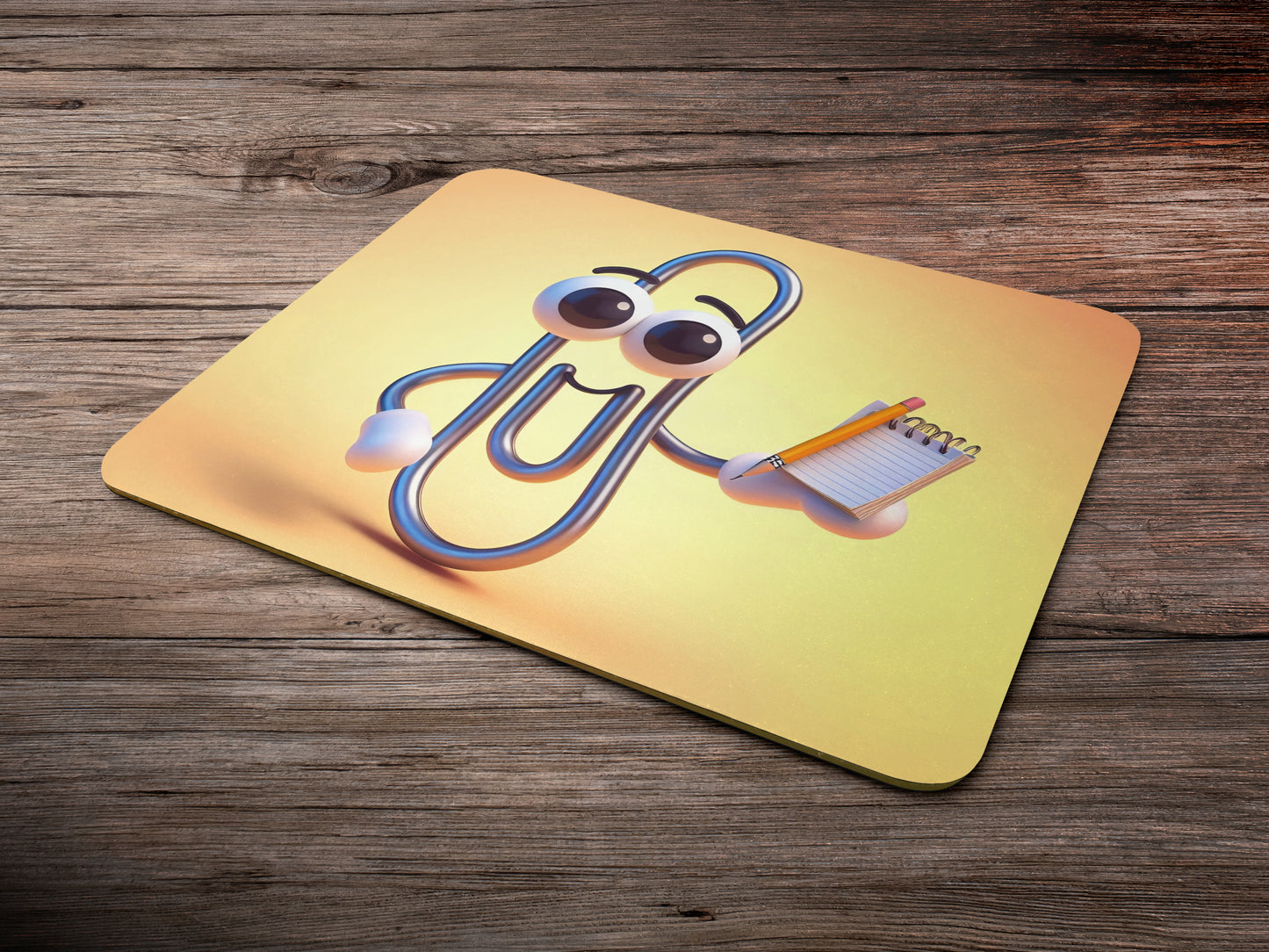 Paperclip with big, expressive eyes and a smiling face, holding a tiny notepad and pencilmousepad mockup style 6