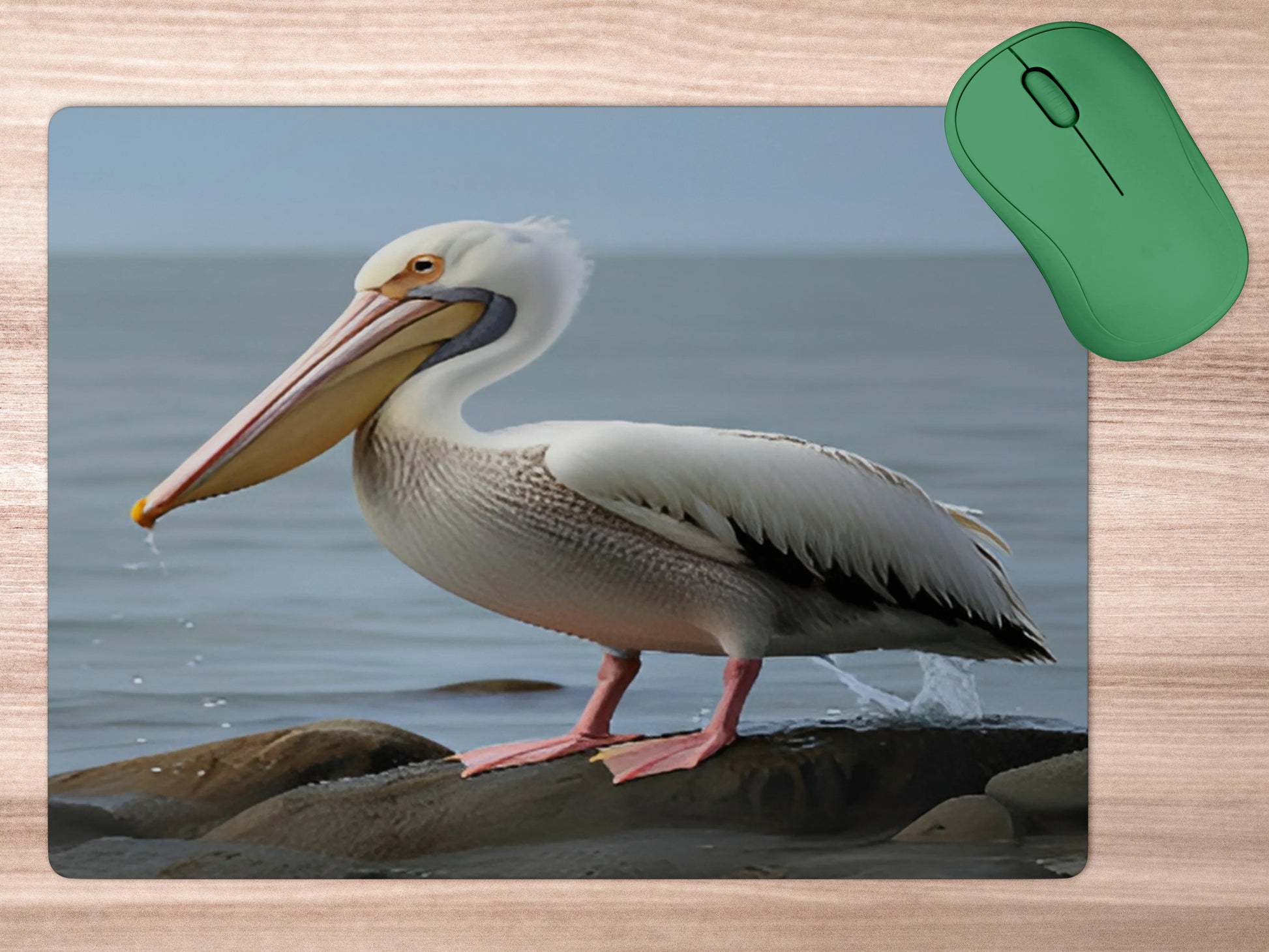 Pelican standing on a rocky shorelinemousepad mockup style 5