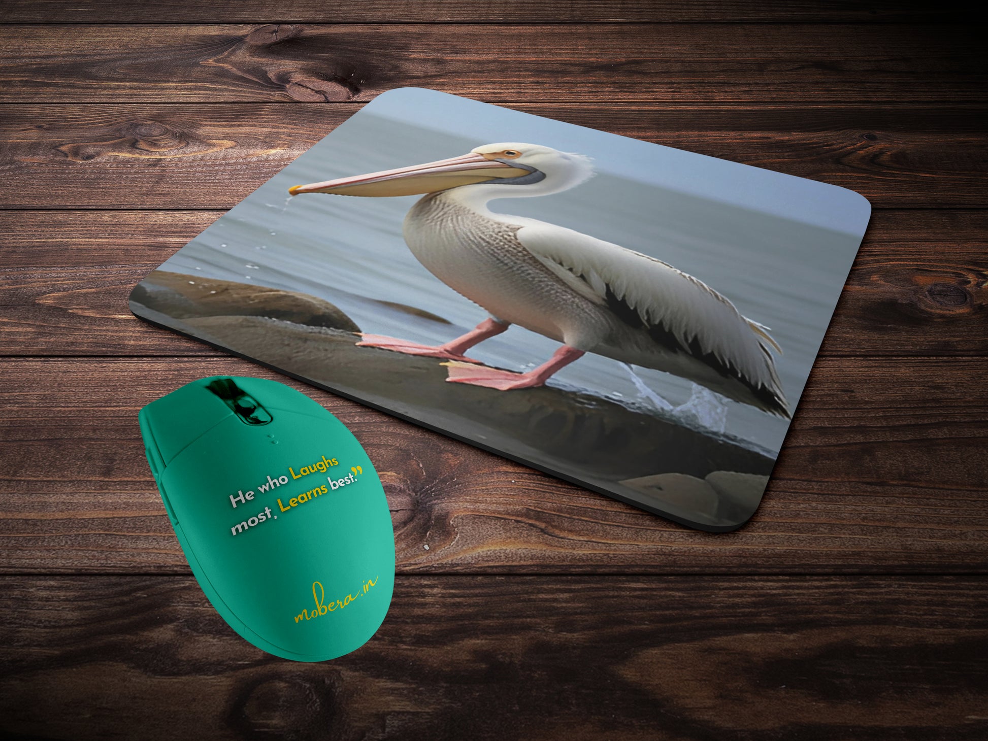 Pelican standing on a rocky shorelinemousepad mockup style 2