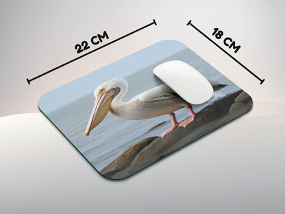 Pelican standing on a rocky shorelinemousepad mockup style 3