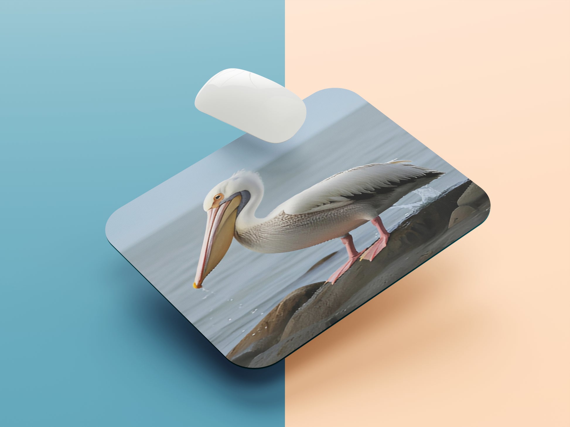 Pelican standing on a rocky shoreline mousepad mockup style 1