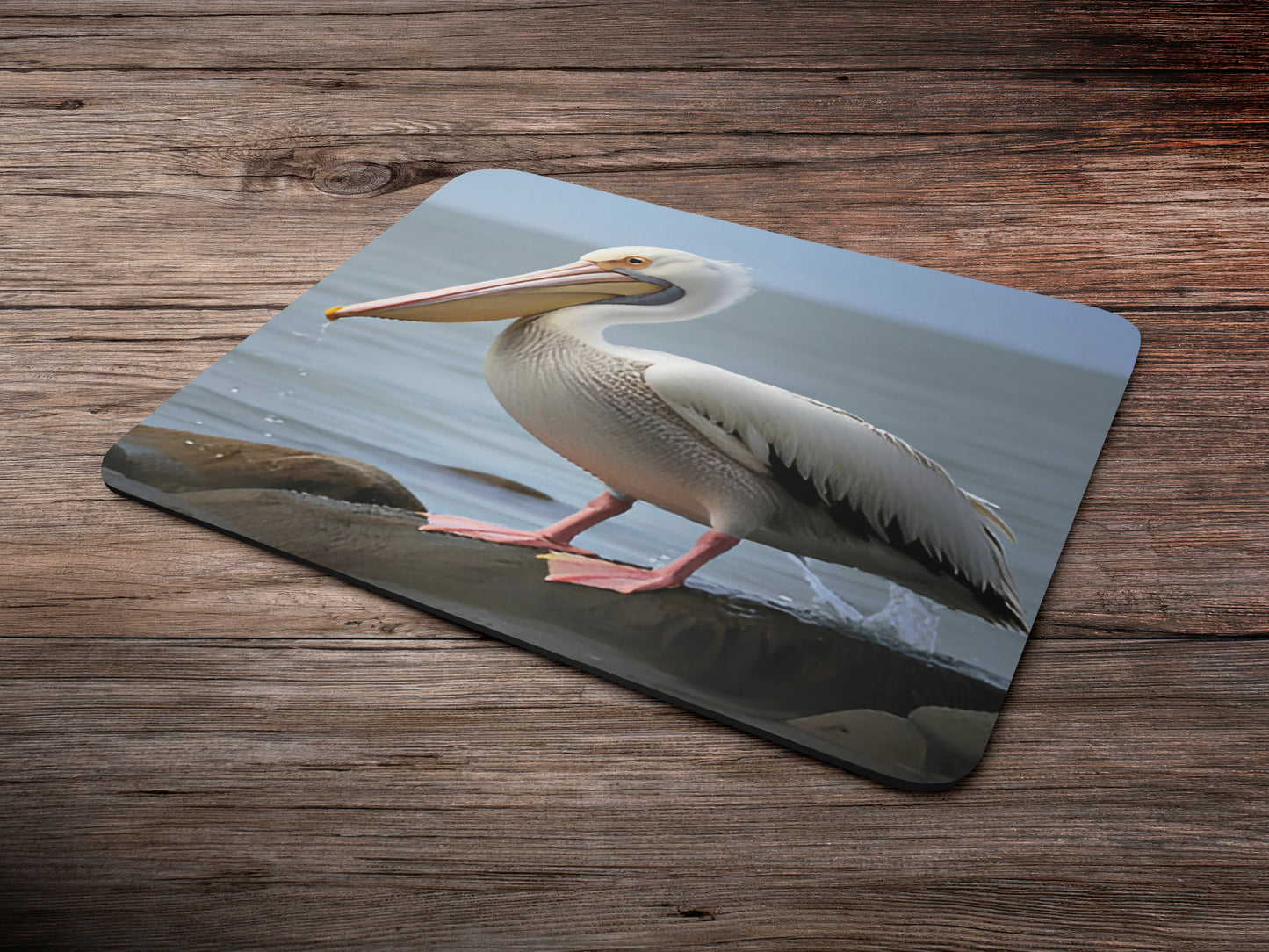 Pelican standing on a rocky shorelinemousepad mockup style 6