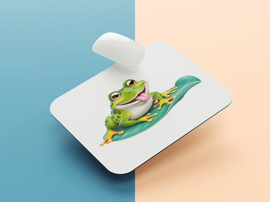 Quirky frog sitting on a lily pad - white background mousepad mockup style 1