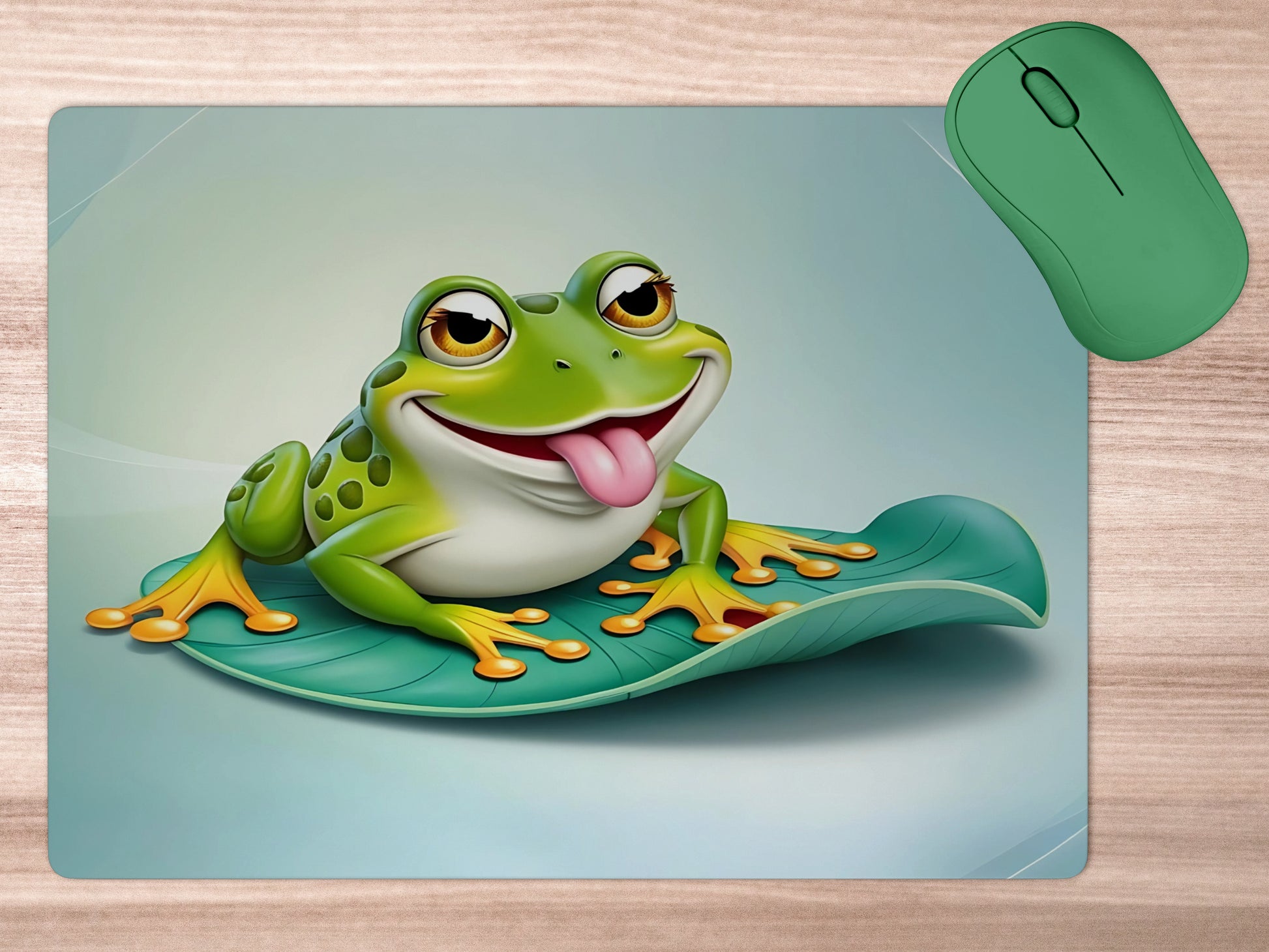 Quirky frog sitting on a lily padmousepad mockup style 5