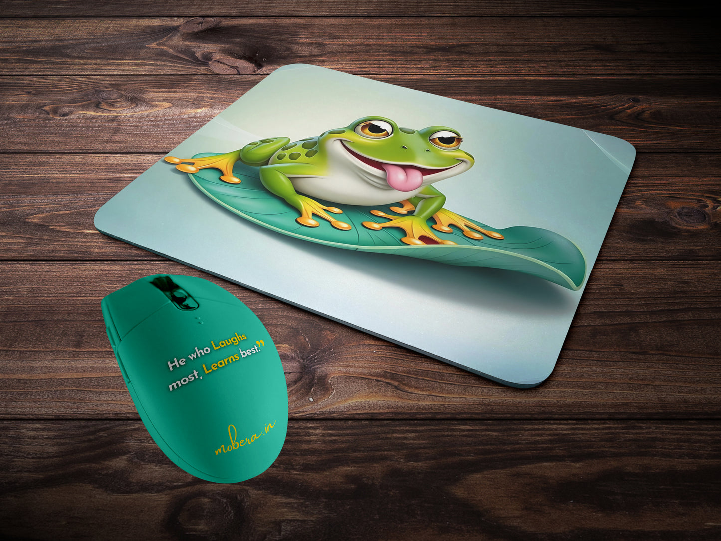 Quirky frog sitting on a lily padmousepad mockup style 2