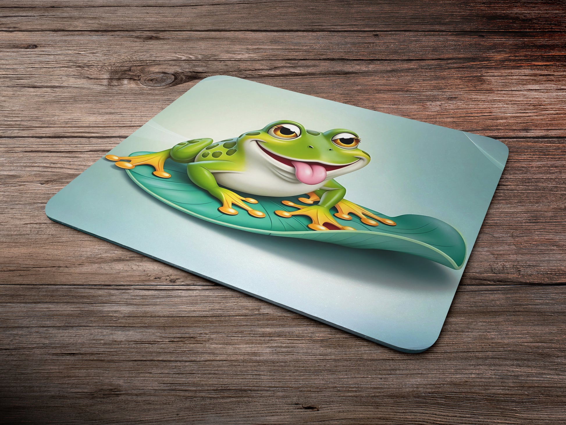 Quirky frog sitting on a lily padmousepad mockup style 6