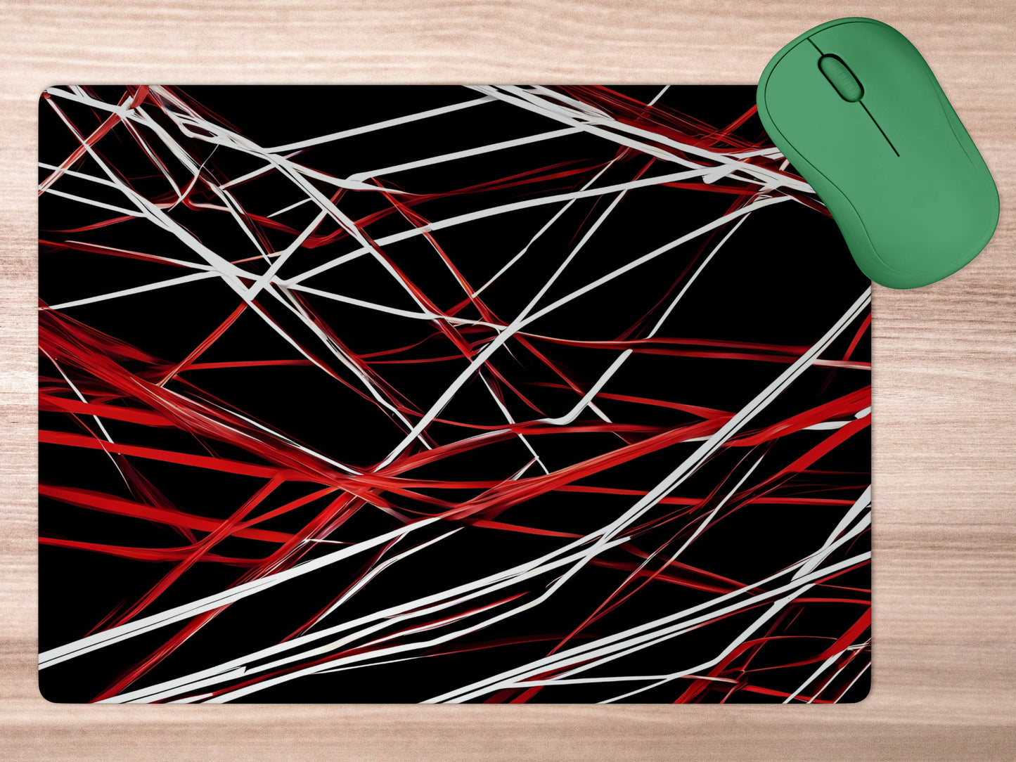 Red and White lines connected against a solid deep Black backgroundmousepad mockup style 5