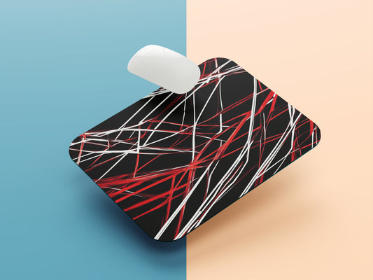 Red and White lines connected against a solid deep Black background mousepad mockup style 1