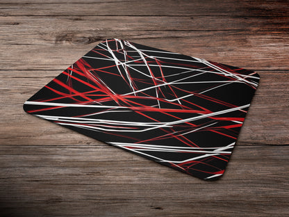 Red and White lines connected against a solid deep Black backgroundmousepad mockup style 6