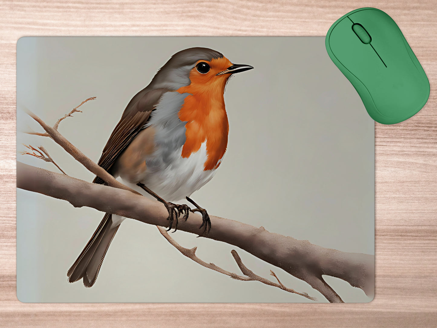 Robin perched on a simple, bare branchmousepad mockup style 5