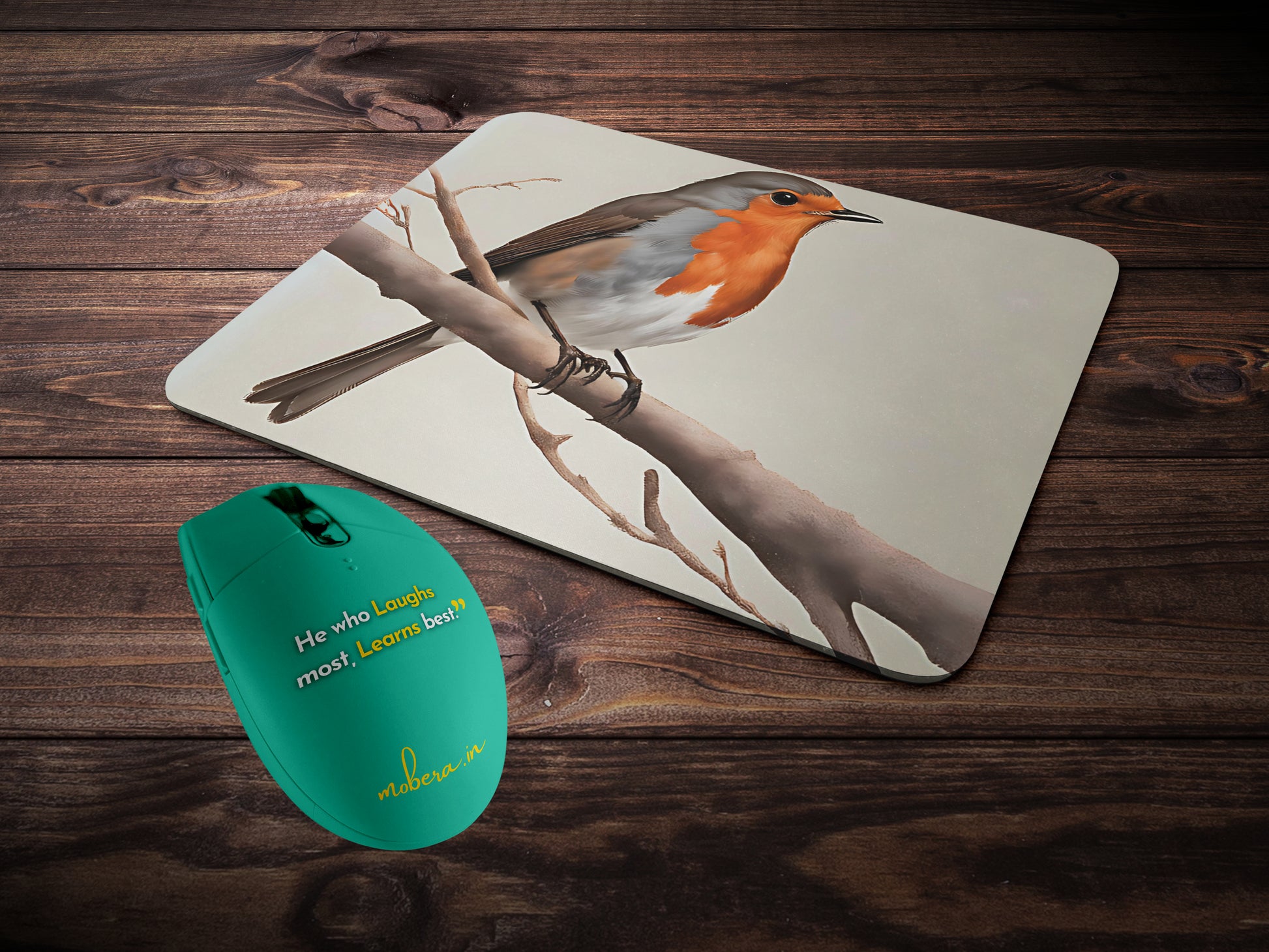 Robin perched on a simple, bare branchmousepad mockup style 2