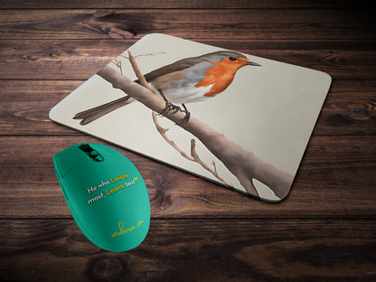 Robin perched on a simple, bare branchmousepad mockup style 2