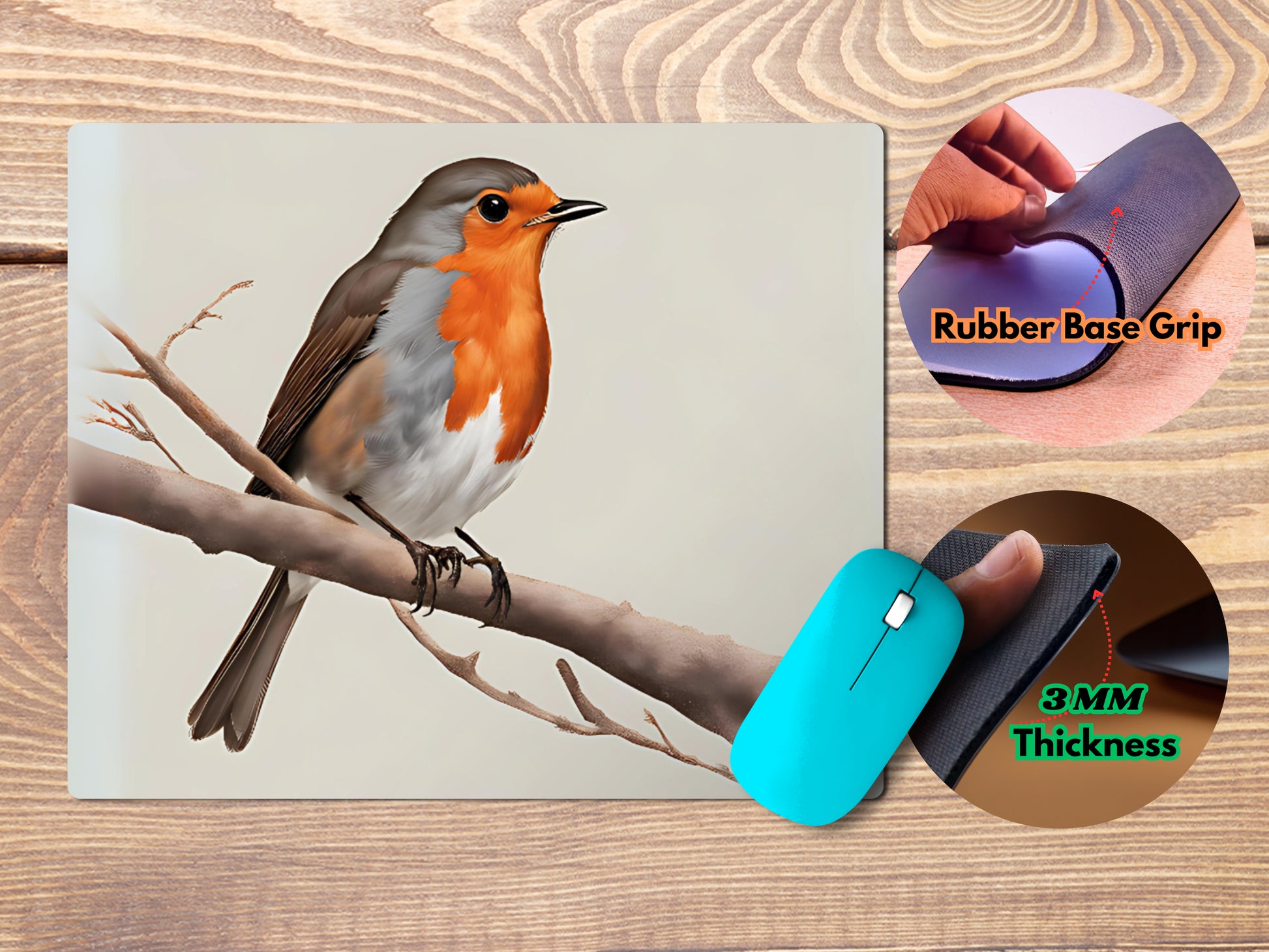 Robin perched on a simple, bare branchmousepad mockup style 4