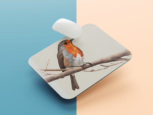 Robin perched on a simple, bare branch mousepad mockup style 1