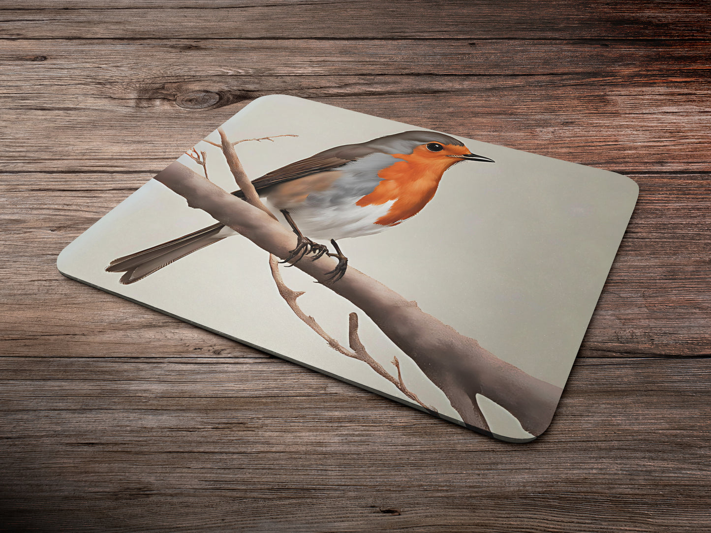 Robin perched on a simple, bare branchmousepad mockup style 6