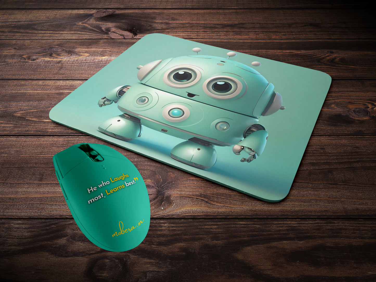 Round robot with big, expressive eyes and short armsmousepad mockup style 2