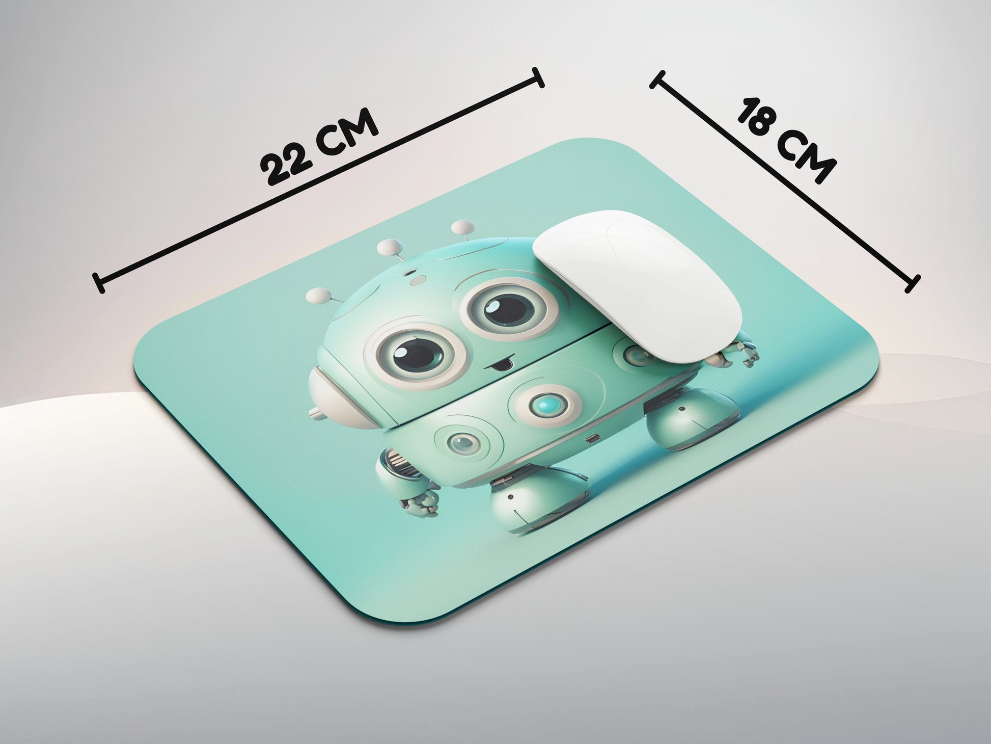 Round robot with big, expressive eyes and short armsmousepad mockup style 3