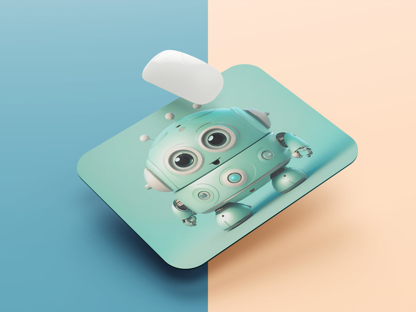 Round robot with big, expressive eyes and short arms mousepad mockup style 1