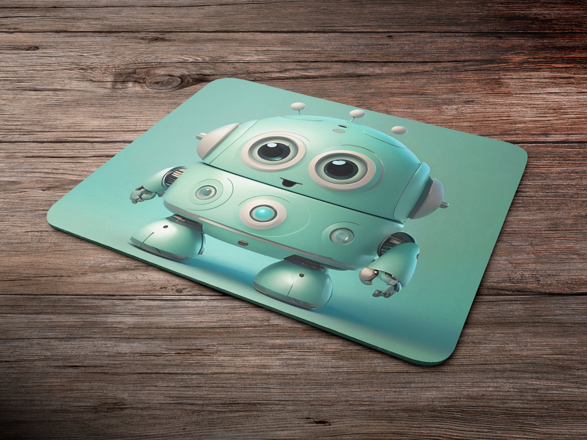 Round robot with big, expressive eyes and short armsmousepad mockup style 6