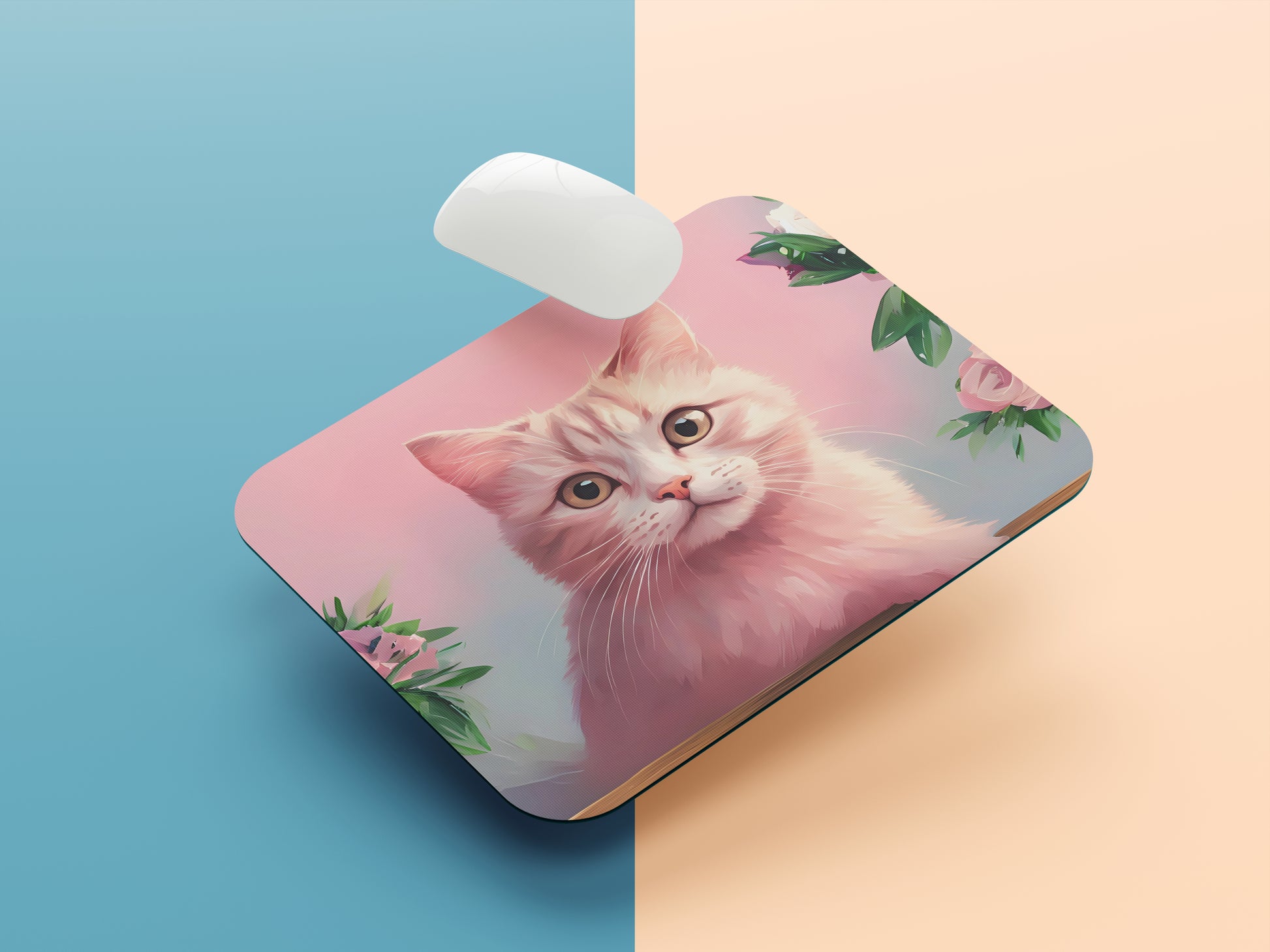 Round-faced cat with wide eyes mousepad mockup style 1