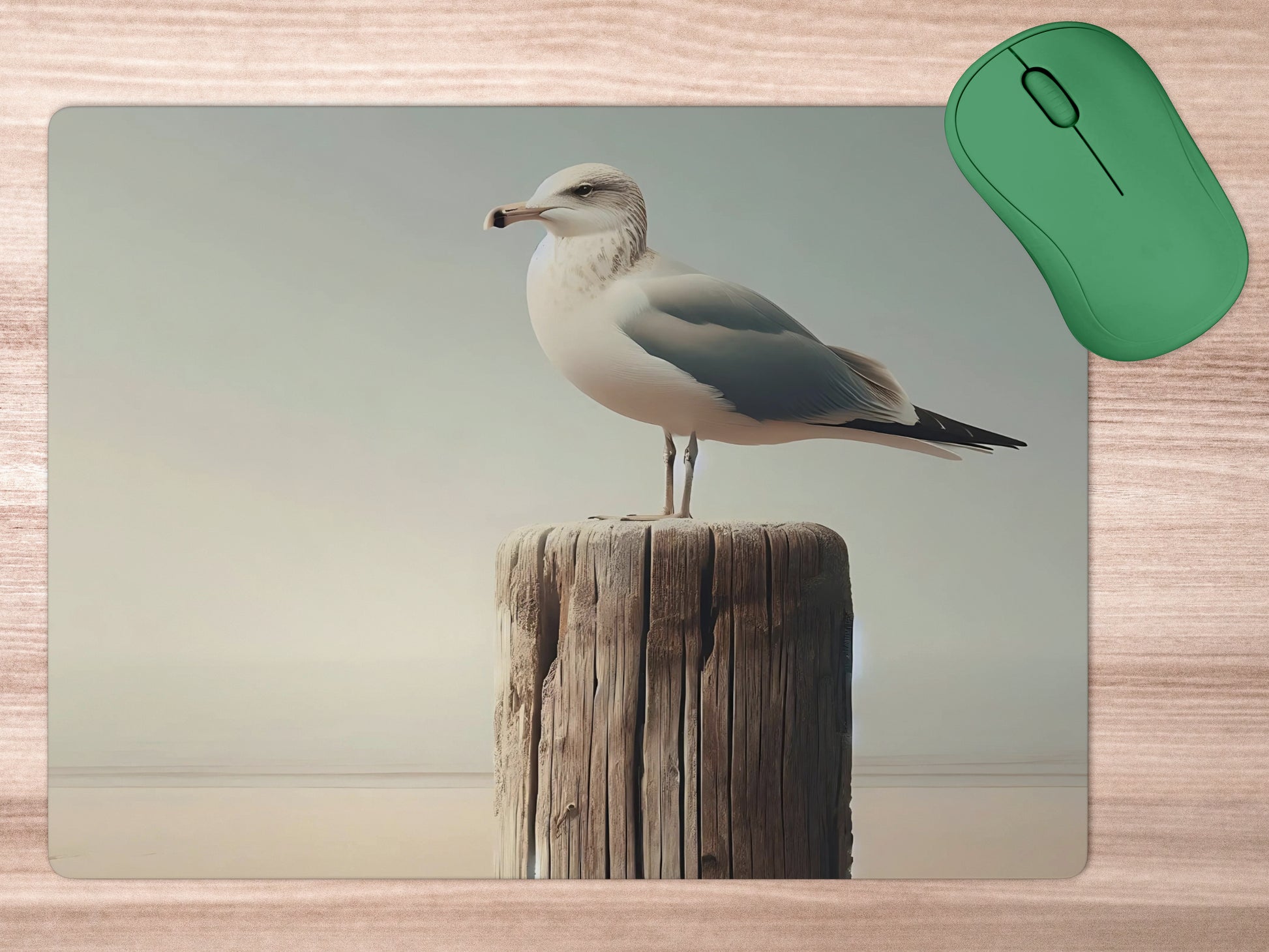 Seagull perched on a weathered wooden post by the beachmousepad mockup style 5