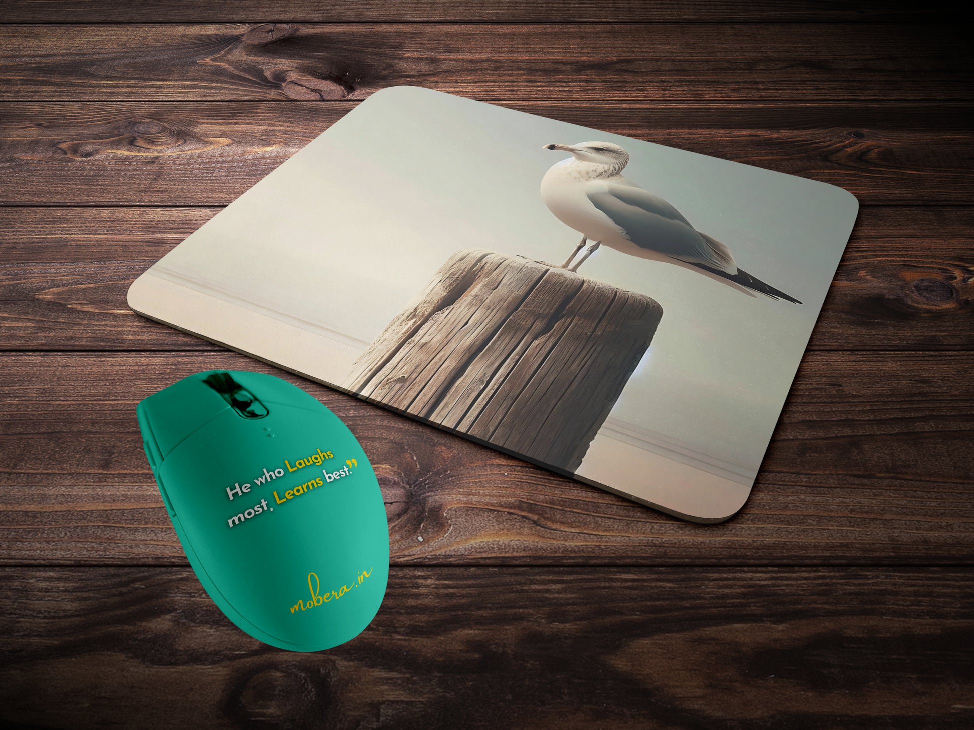 Seagull perched on a weathered wooden post by the beachmousepad mockup style 2