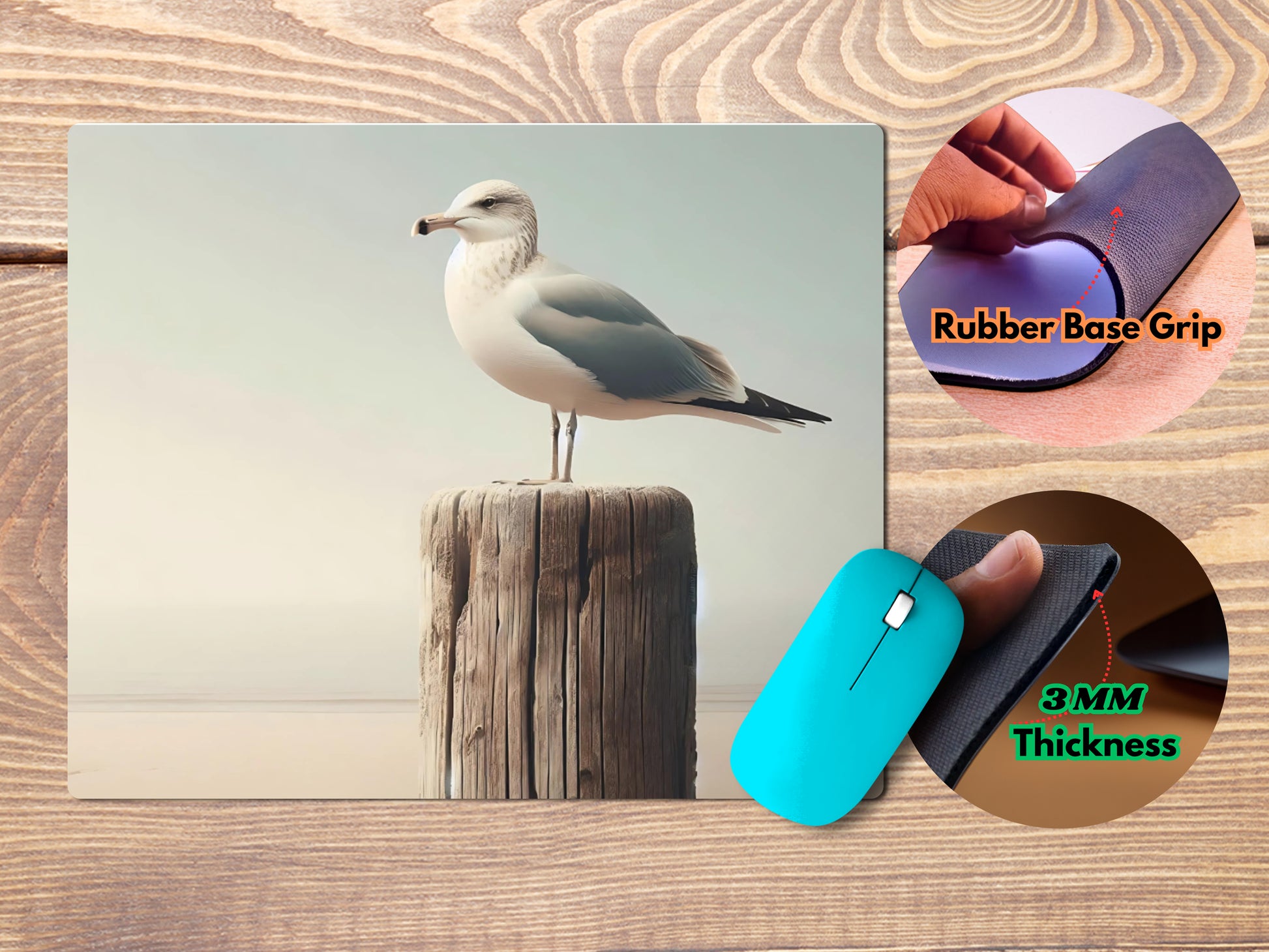 Seagull perched on a weathered wooden post by the beachmousepad mockup style 4