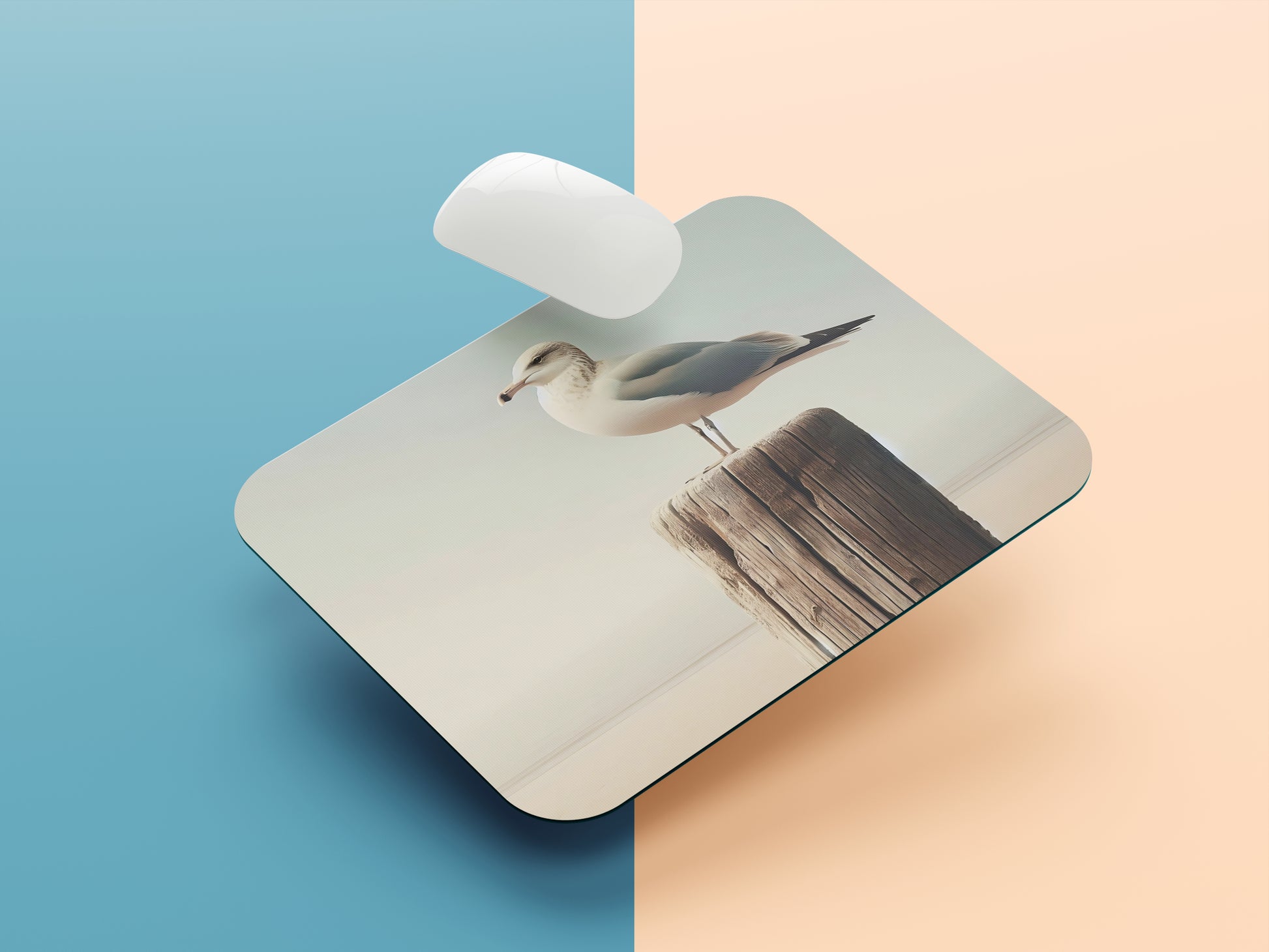 Seagull perched on a weathered wooden post by the beach mousepad mockup style 1