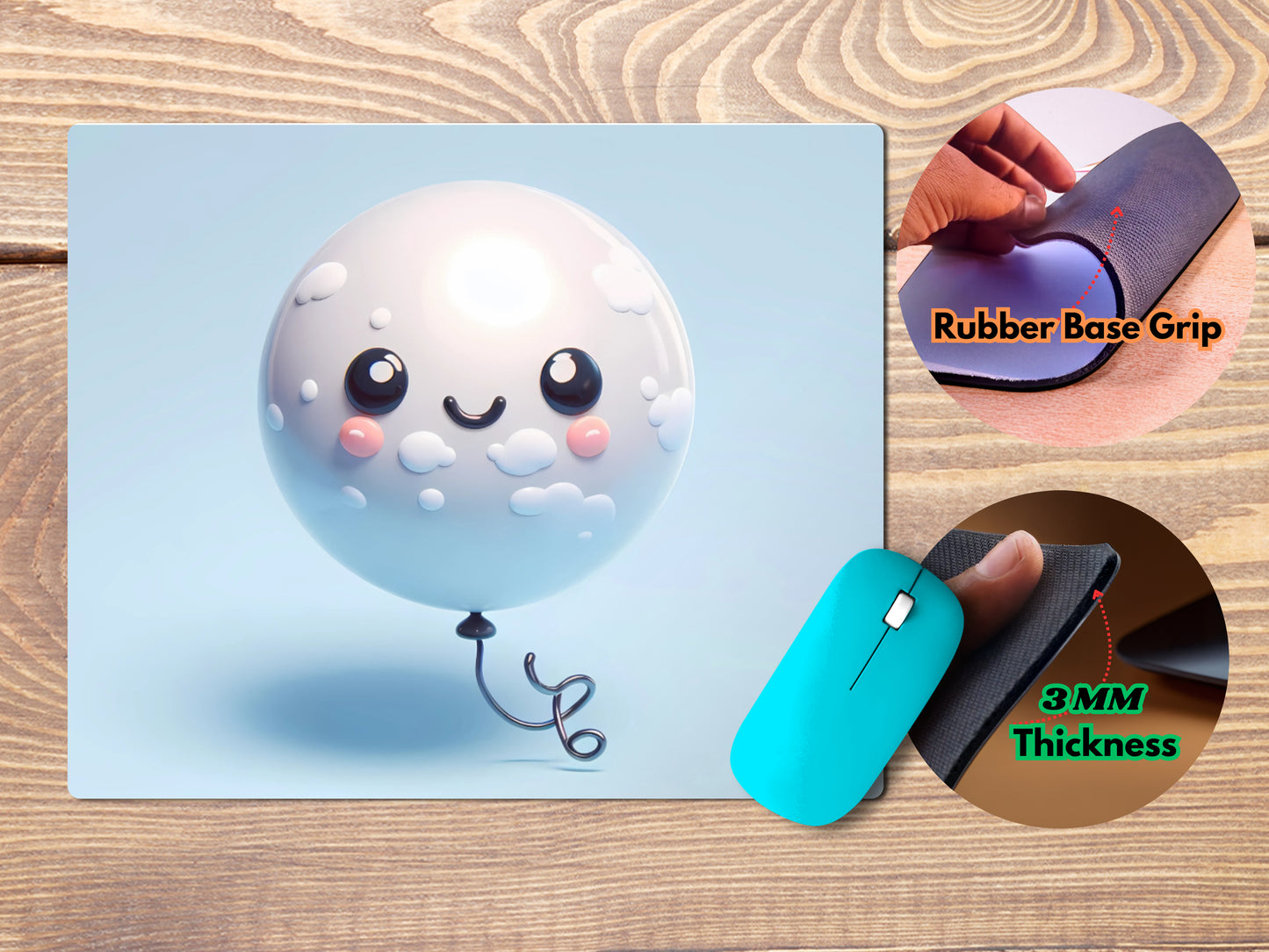 Smiling, round balloon floating in the air with a cute facemousepad mockup style 4