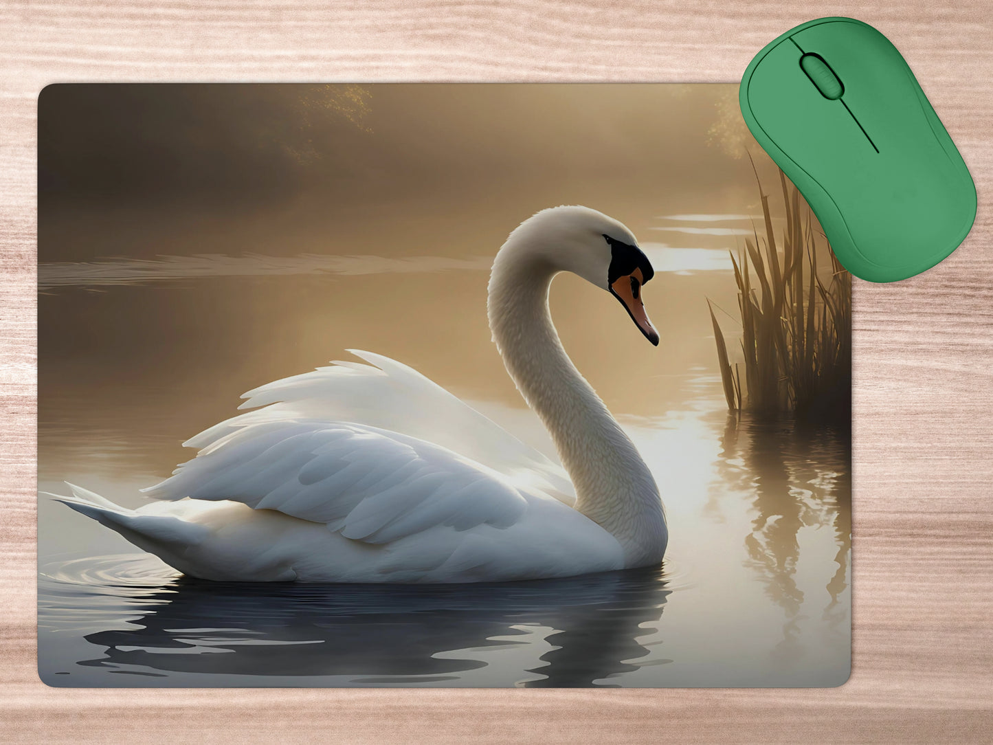 Swan resting by the water's edge, surrounded by gentle ripplesmousepad mockup style 5