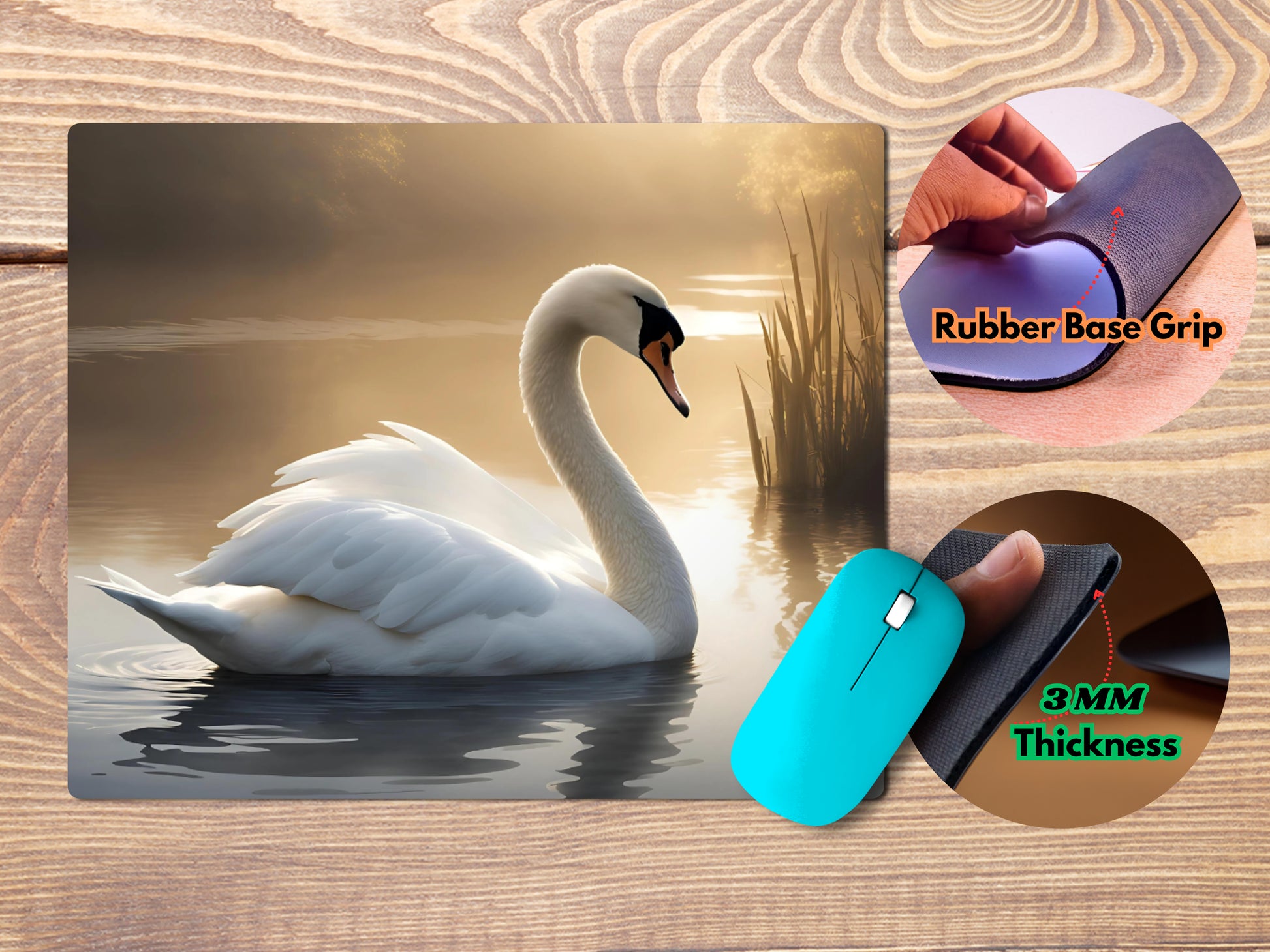 Swan resting by the water's edge, surrounded by gentle ripplesmousepad mockup style 4