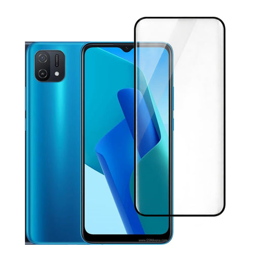 A clear tempered glass screen protector with a black border is shown over a blue smartphone, with the phone's back and front views visible on a plain white background.

