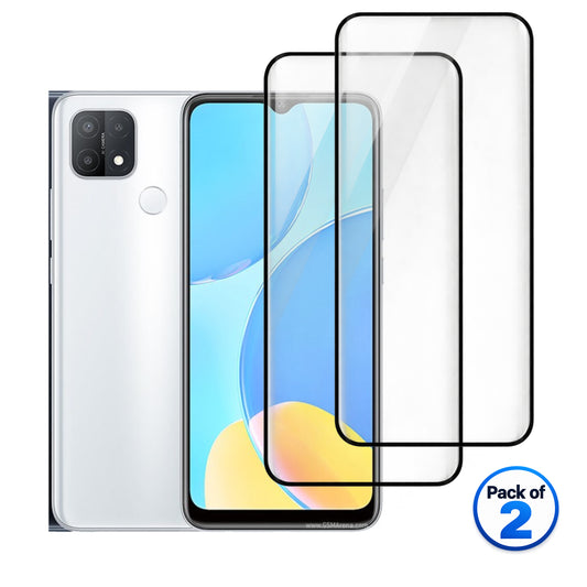 Two clear tempered glass screen protectors with black borders shown over a smartphone, alongside the back of a matching silver smartphone. A blue circular badge in the lower right reads 'Pack of 2'.

