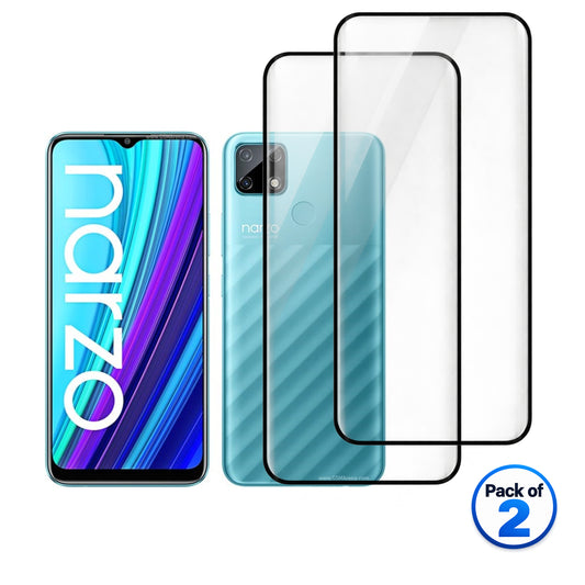 Two clear tempered glass screen protectors with black borders shown over a light blue smartphone, alongside the phone front and back views. A blue circular badge in the corner reads 'Pack of 2'.

