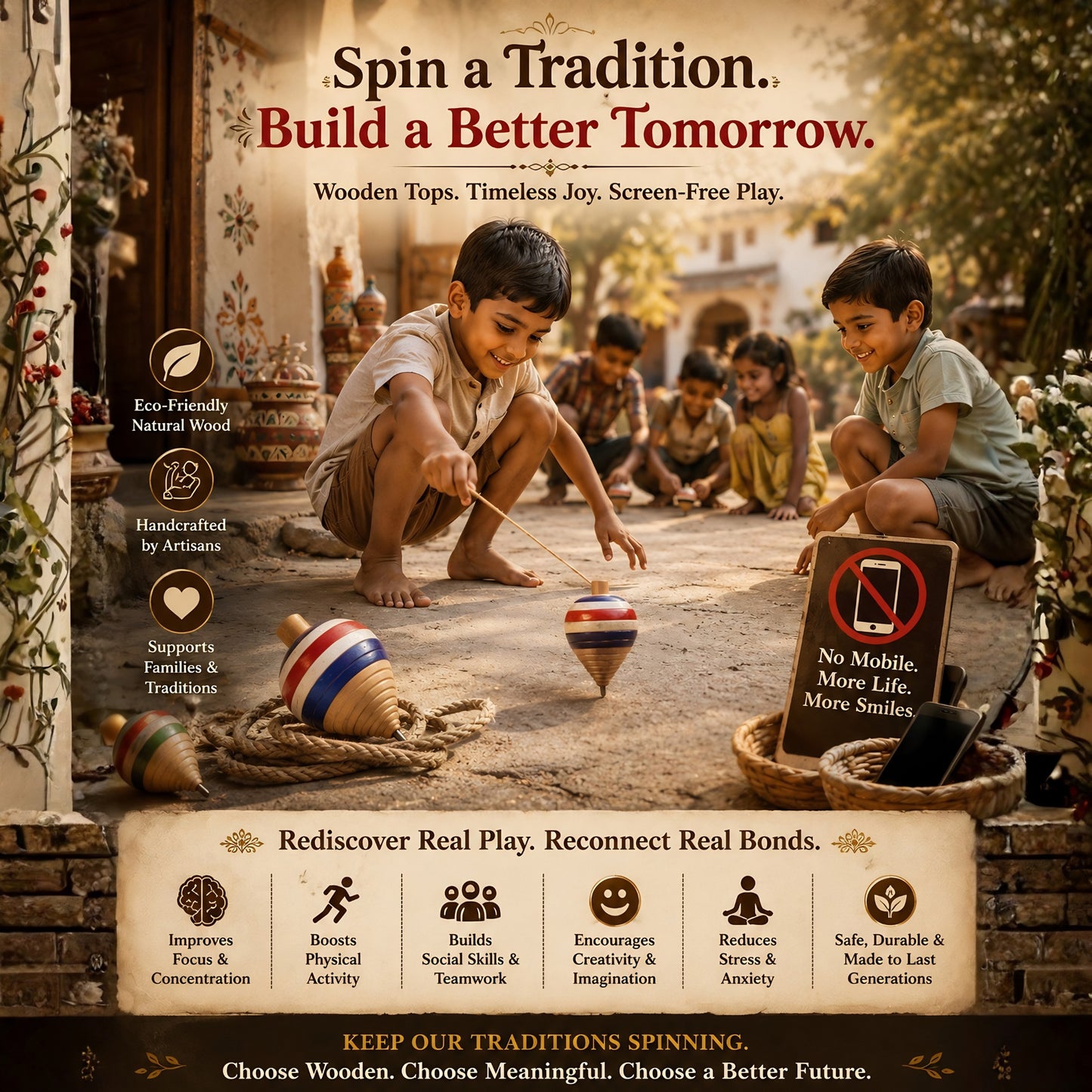 Wooden Spinning Top Handmade - Toy for Kids and Adults | Desi Lattu
