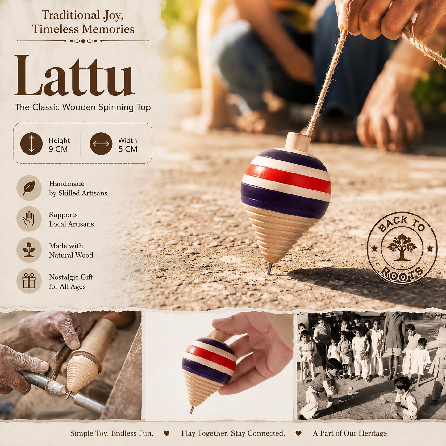 Wooden Spinning Top Handmade - Toy for Kids and Adults | Desi Lattu