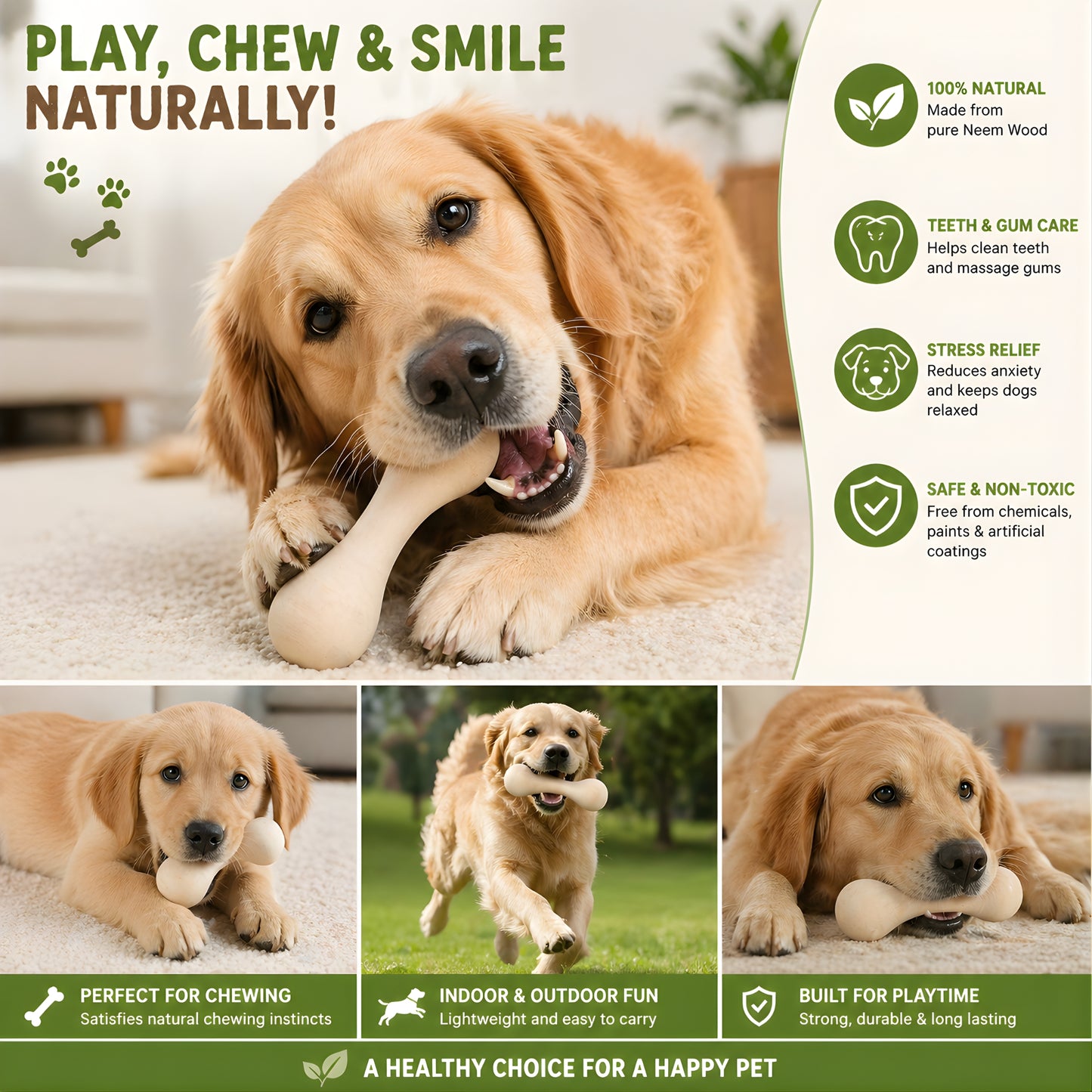Wooden dog teether bone shape playing