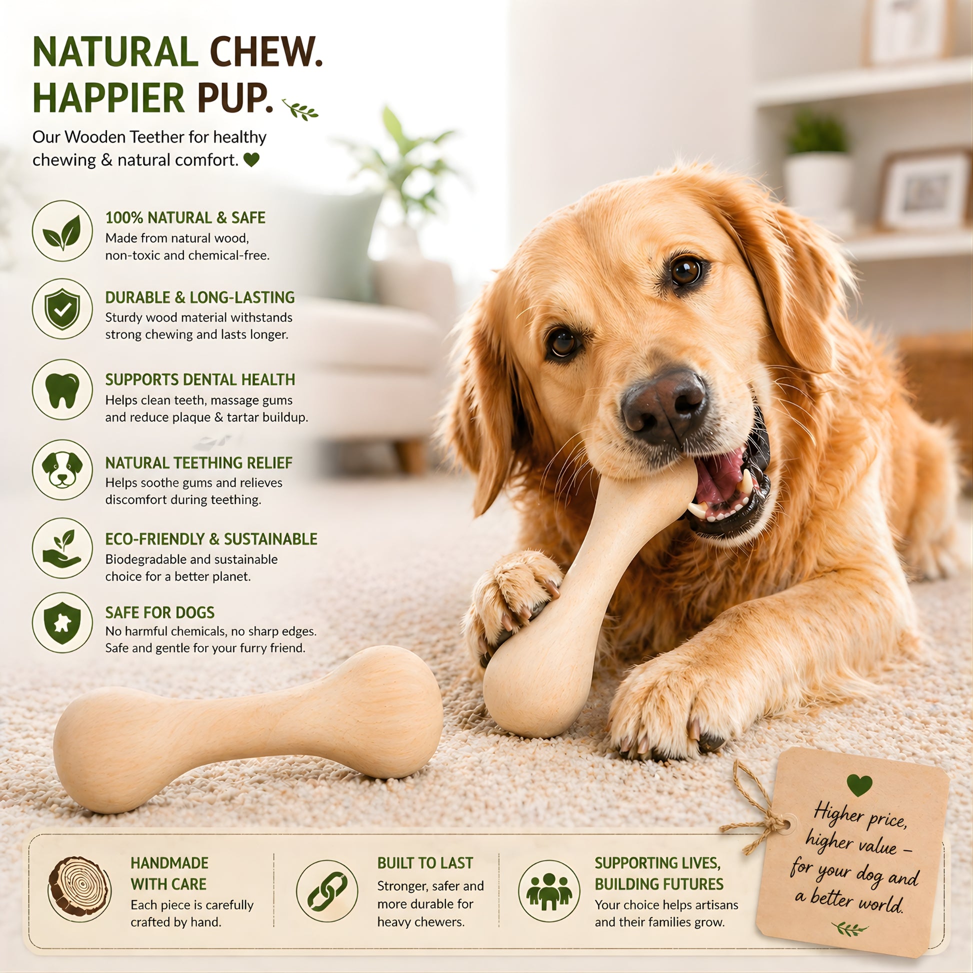 Wooden dog teether natural happier pup