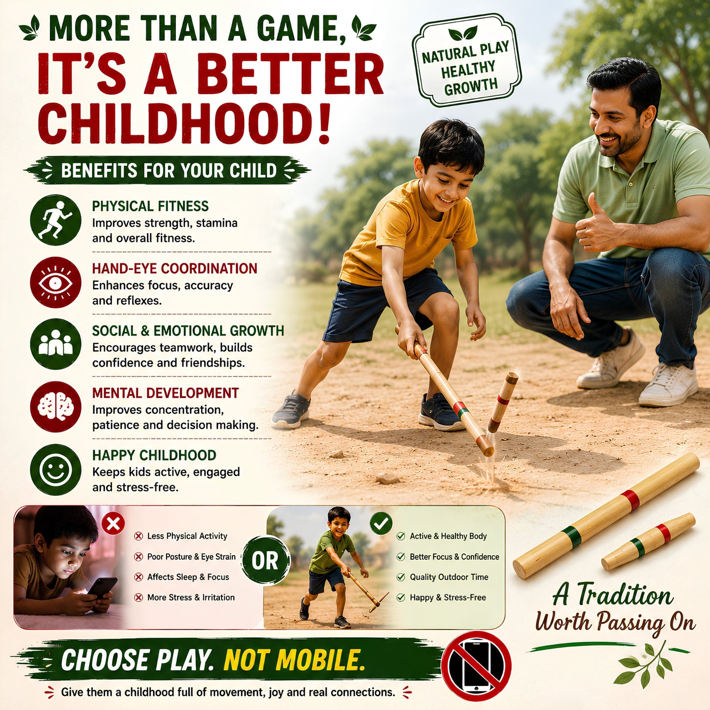 Gilli Danda Set | Handmade Wooden Traditional Indian Outdoor Game for Kids