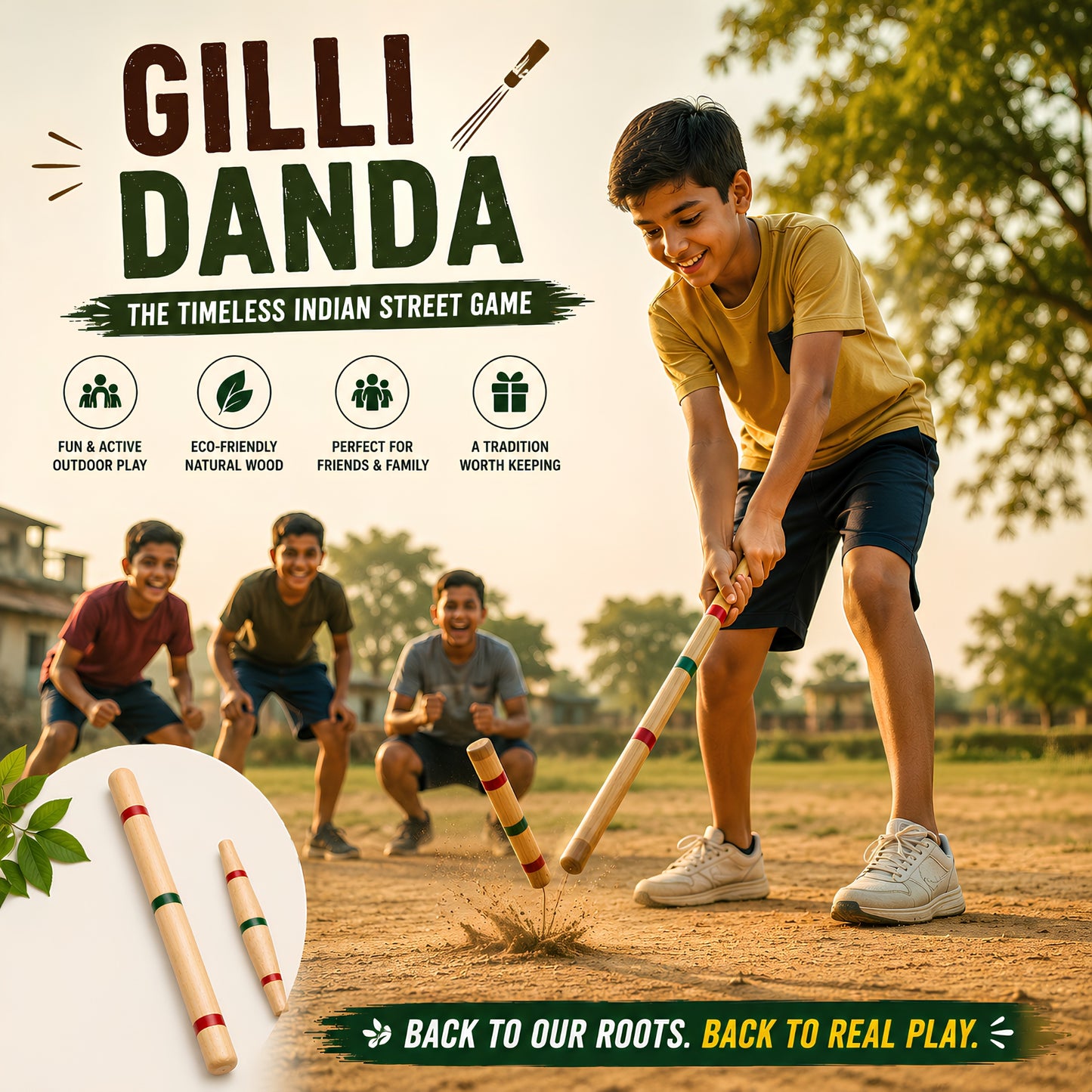 Gilli Danda Set | Handmade Wooden Traditional Indian Outdoor Game for Kids