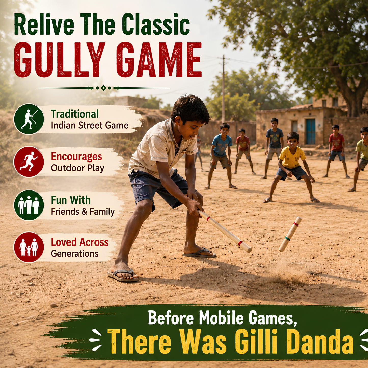 Gilli Danda Set | Handmade Wooden Traditional Indian Outdoor Game for Kids