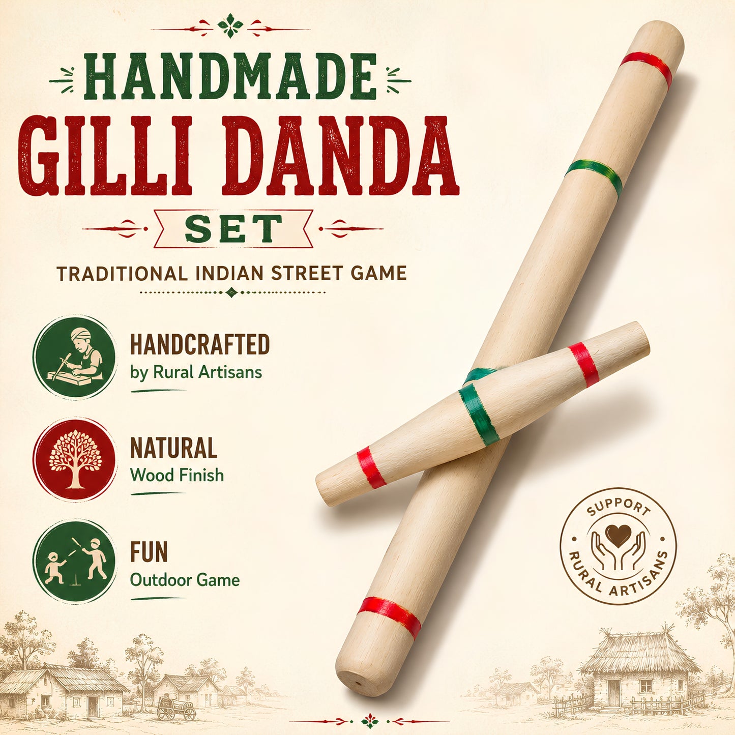 Gilli Danda Set | Handmade Wooden Traditional Indian Outdoor Game for Kids