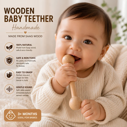 wooden baby teether baby enjoying